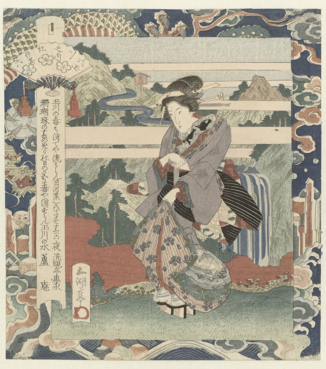 悬崖上的女人
纪伊的 Kôya 河，第六号
纪伊 - そのらく（物体上的标题）
六条宝石河（系列名称）
牟田川之渊（文物上的系列名称） 作者 歌川贞德