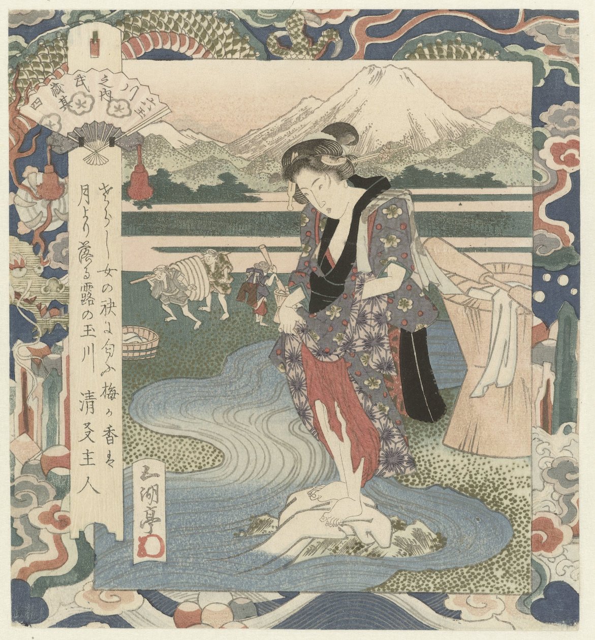 妇女在河中洗衣服
武藏》中的 Chôbû 河，第四号
武藏 - 索诺米（物品上的标题）
六条宝石河（系列名称）
牟田川之渊（文物上的系列名称） 作者 歌川贞德