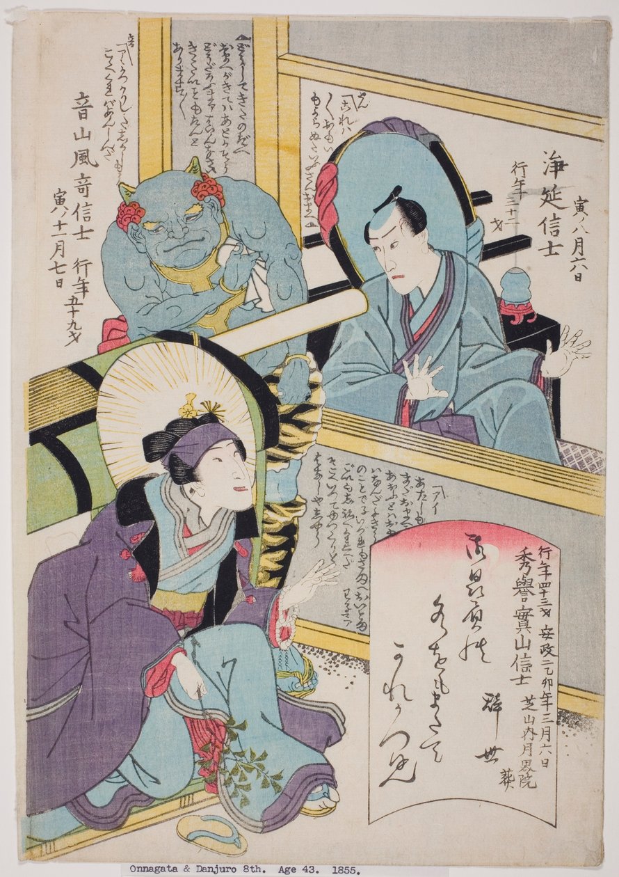 演员班多修卡一世、岚大藤八三世和市川团十郎八世的纪念画像 作者 歌川学校