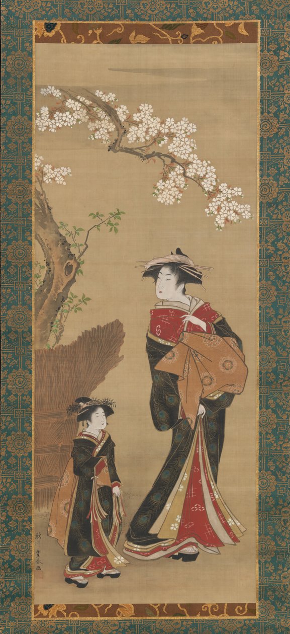 樱桃树下的歌妓和她的随从，19世纪初。 作者 歌川丰治