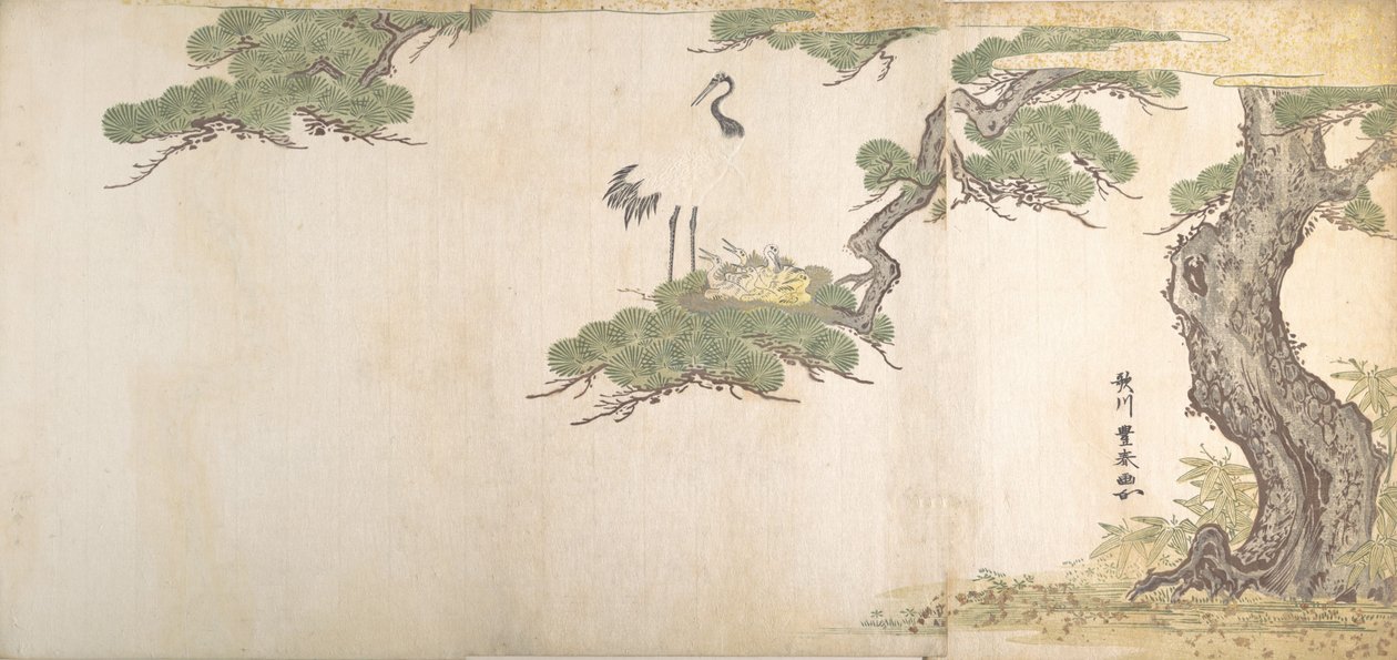 鹤和它们的孩子在松树枝头的巢中，约1790年。 作者 歌川丰治