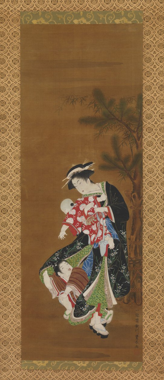 新年的母亲和孩子（丝绸上的墨水和颜色） 作者 歌川丰治