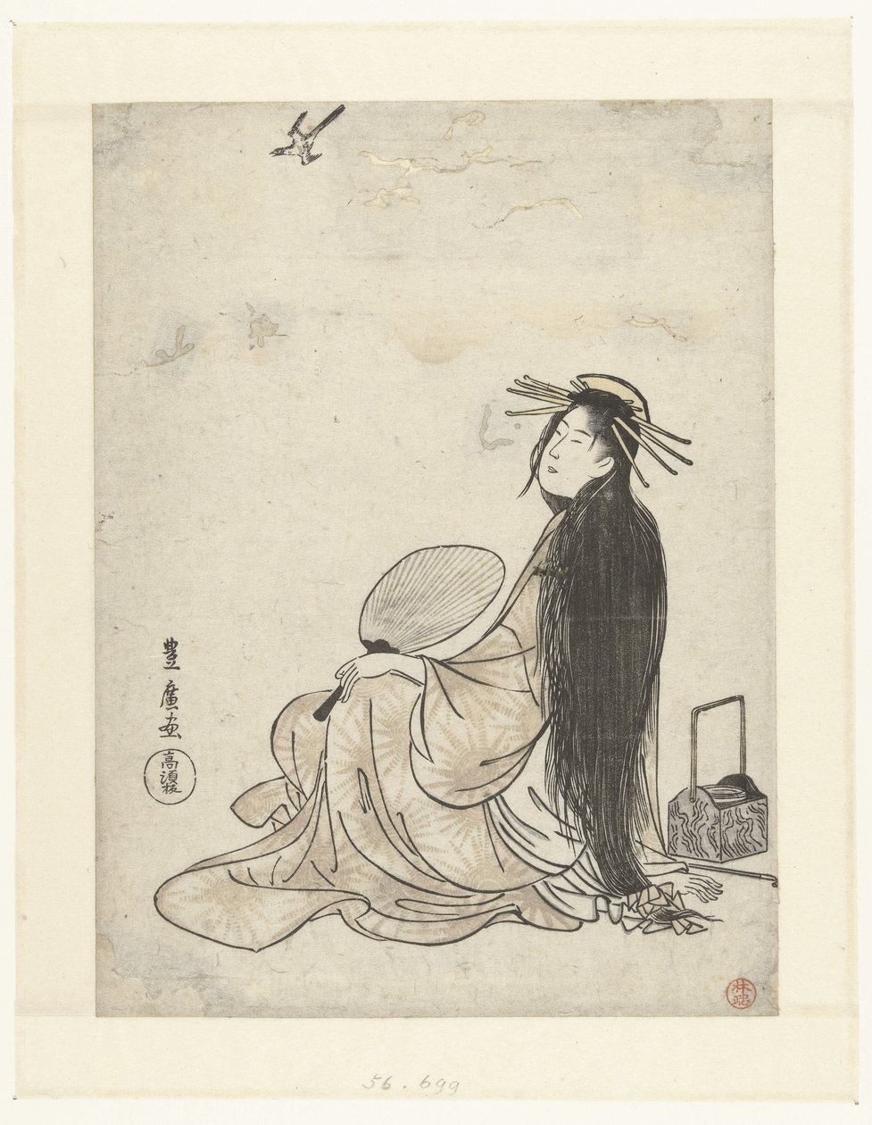 拿着扇子和烟具的宫女仰望布谷鸟 作者 歌川丰洋