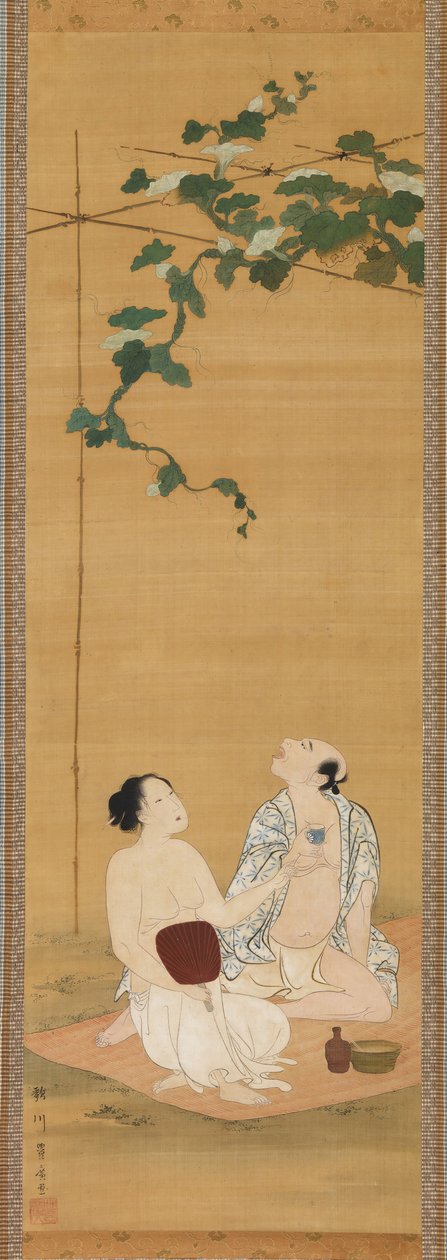 在葫芦花架下享受夜晚的清凉，19世纪初。 作者 歌川丰洋