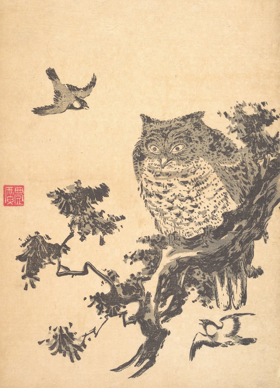猫头鹰和两只燕子。 作者 歌川丰洋
