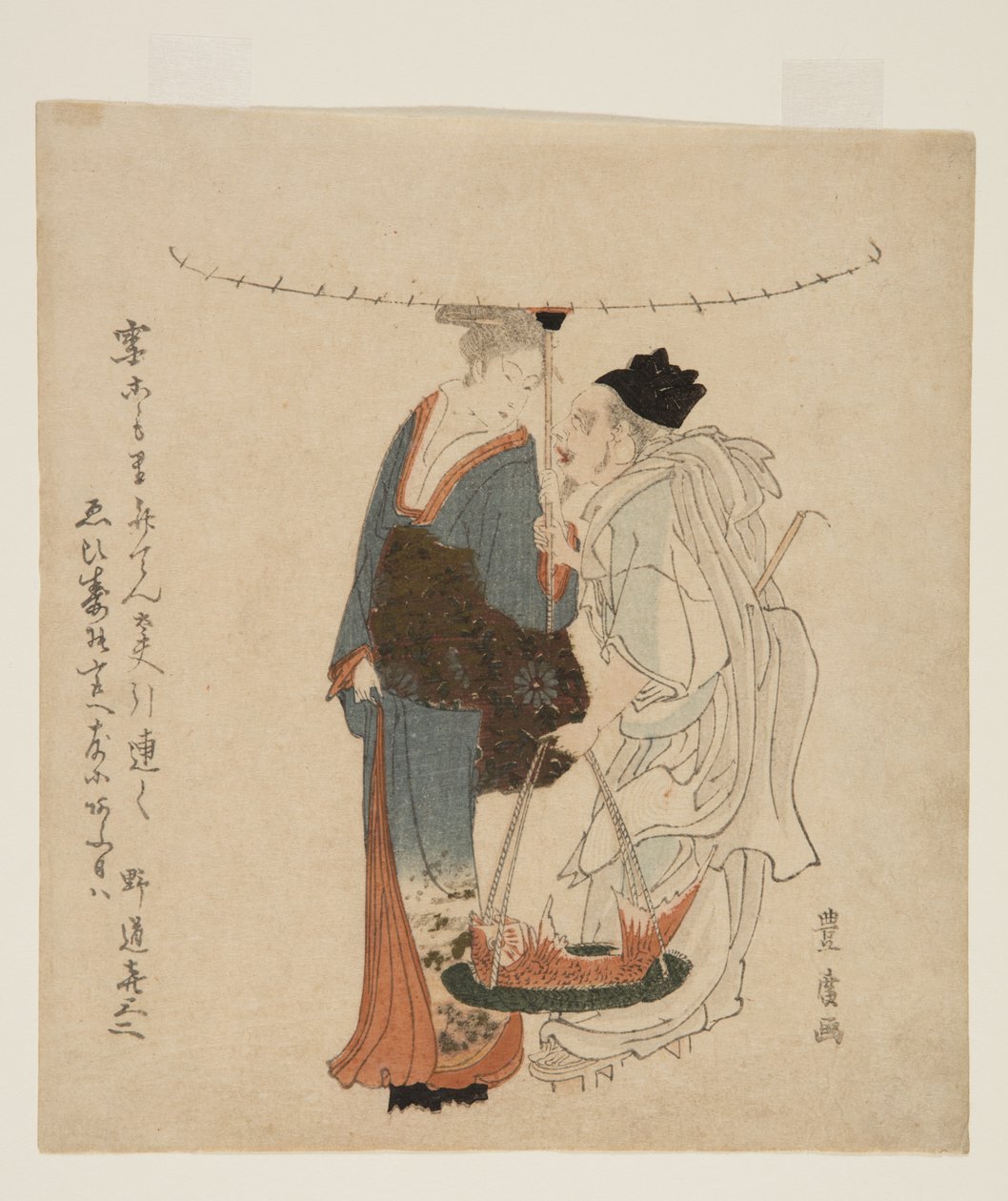 神惠比寿与雪中少女同行（彩色木刻版画） 作者 歌川丰洋