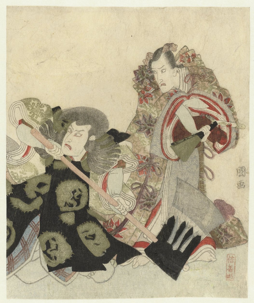Ichikawa Danjûrô VII 饰演手持扇子的吉宗宗忠，Ichikawa Omezô 饰演手持斧头的关兵卫 作者 歌川丰国（一）
