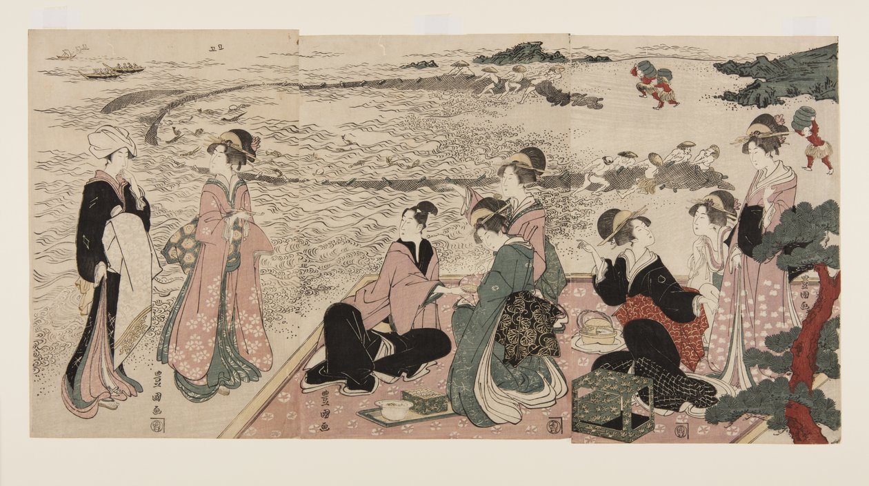 海滨野餐》（彩色木刻版画）。 作者 歌川丰国