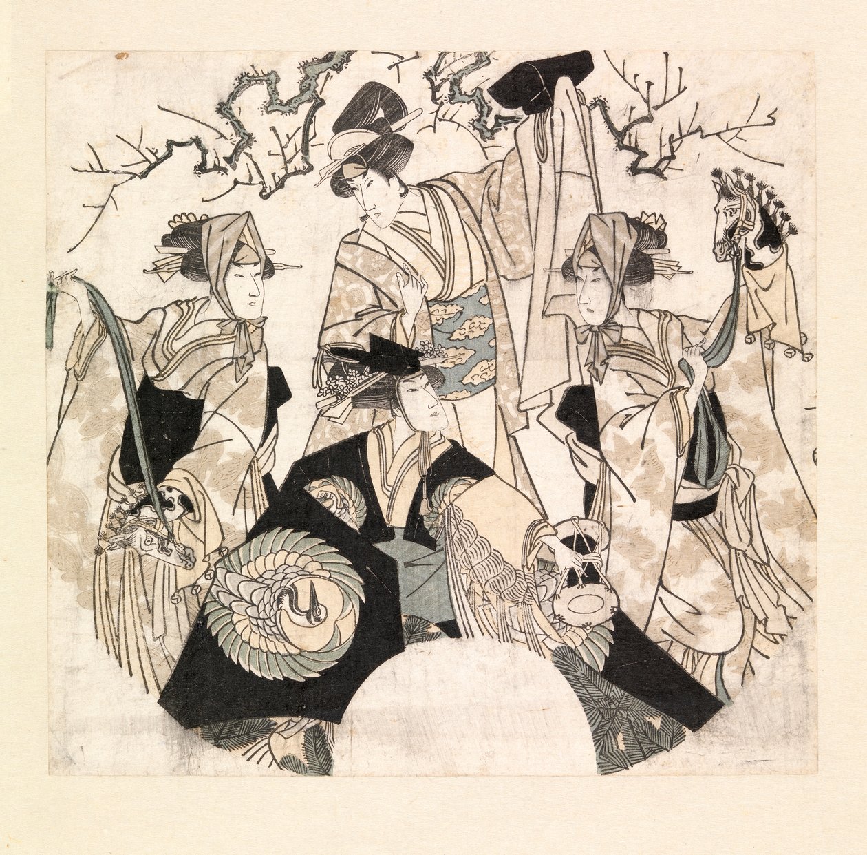 演员在表演四个翁纳伽塔的舞台舞蹈，约 1800-05 年（彩色木刻） 作者 歌川丰国