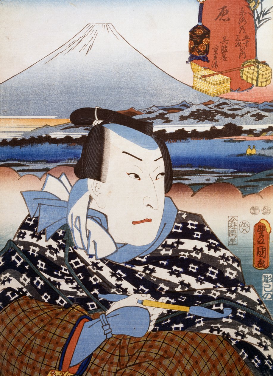 富士山前的歌舞伎演员肖像，宇多川丰国（1769-1825）的浮世绘艺术版画，木刻，日本文明，江户时代 作者 歌川丰国