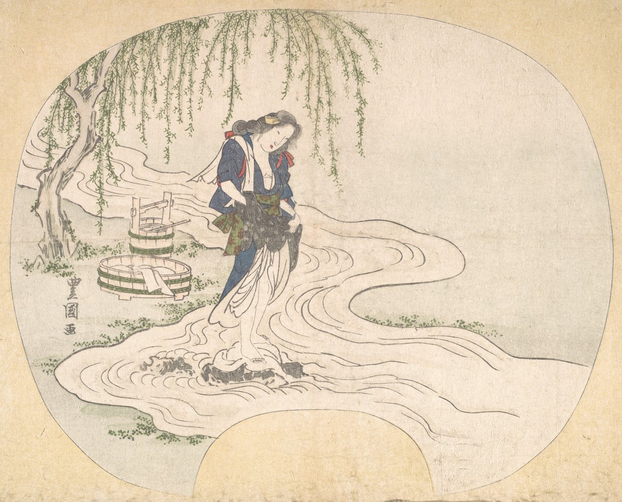 一个女人站在溪流中的岩石上洗衣服，约1828年。 作者 歌川丰国二世