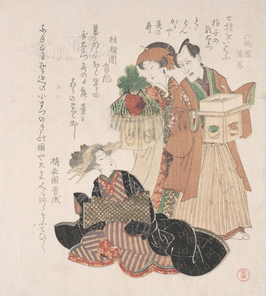 演员Nakamura Utayemon和两个准备参加新年仪式的妇女，19世纪。 作者 歌川丰国一世