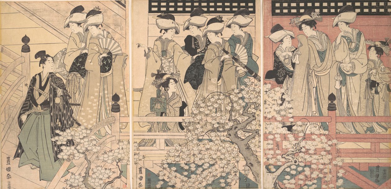 樱花丛中的美人，武士正从那里离开，约1800年。 作者 歌川丰国一世