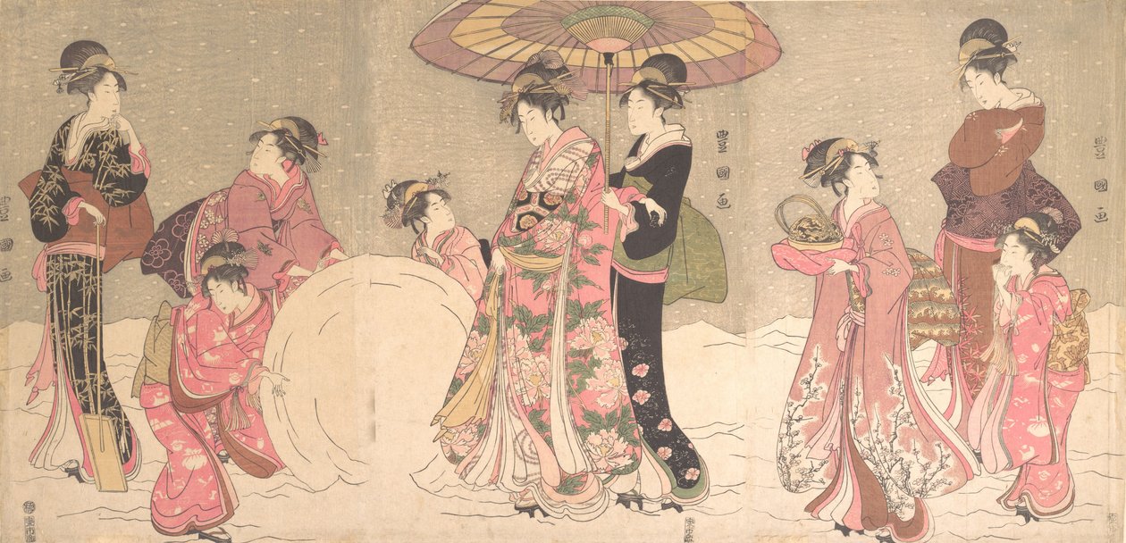 宫女和服务员在制作一个巨大的雪球，约1796年。 作者 歌川丰国一世