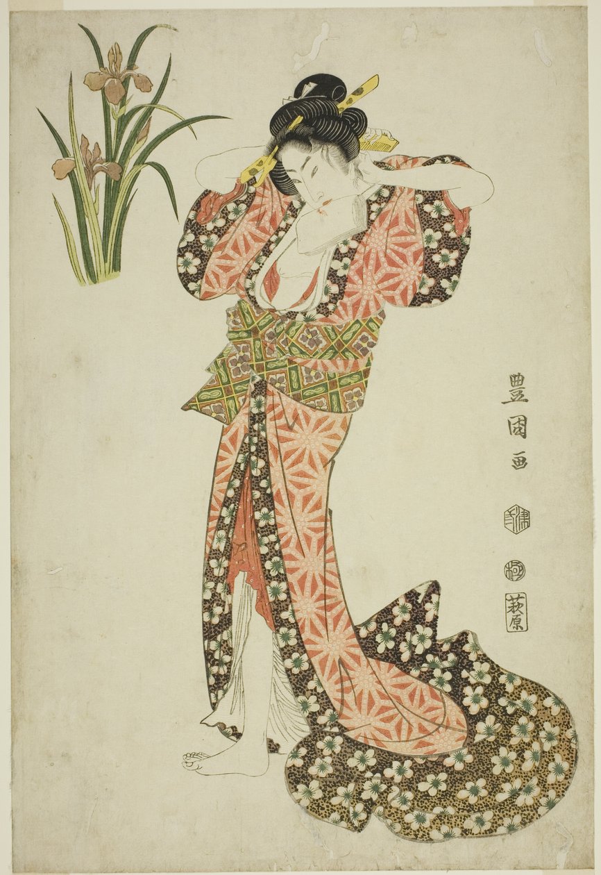 鸢尾花：整理头发的美人，选自无标题的美人与花系列作品 作者 歌川丰国一世