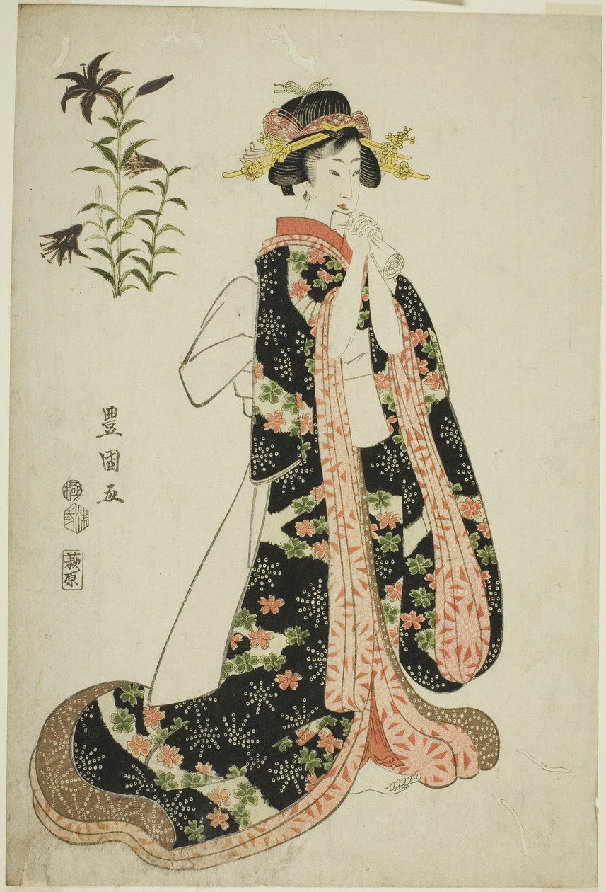 百合花：手持信件的年轻女子，选自无标题的《美女与鲜花》系列 作者 歌川丰国一世