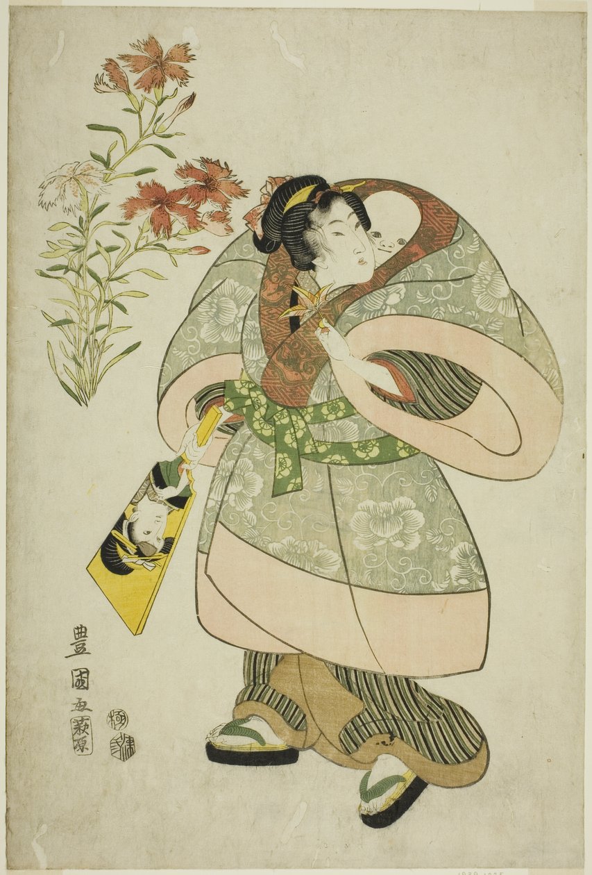 粉红色：护士和婴儿，选自无标题的《美女与鲜花》系列 作者 歌川丰国一世