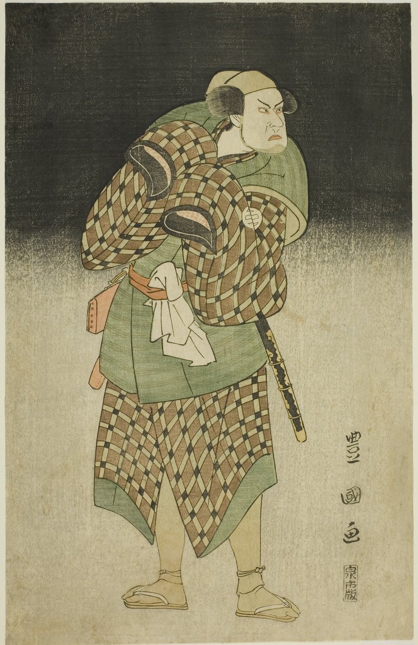 1796 年 11 月，在宫古剧场上演的话剧《圣和二阶堂源氏》中，饰演伊予之太郎的演员片冈尼左卫门七世假扮为班太郎。 作者 歌川丰国一世