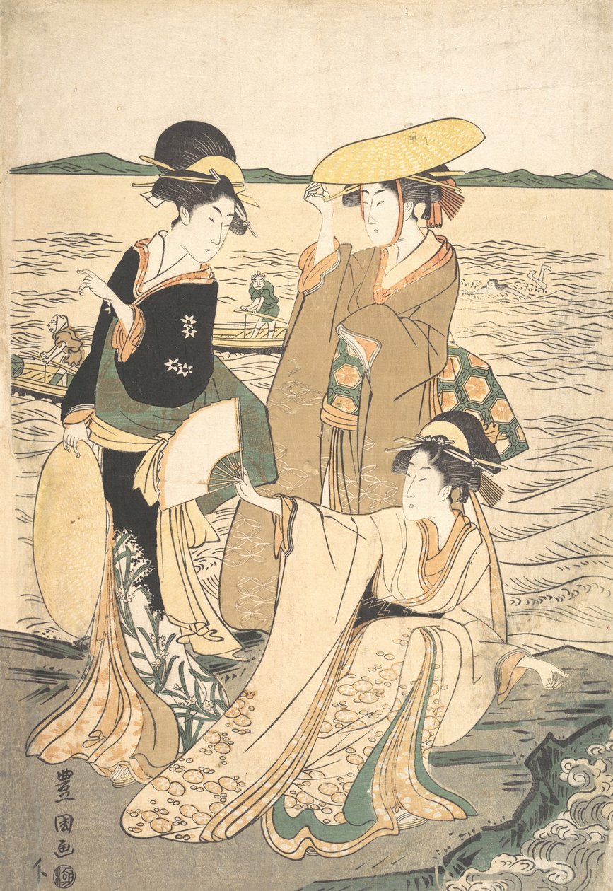 海岸边的三位年轻女士。 作者 歌川丰国一世