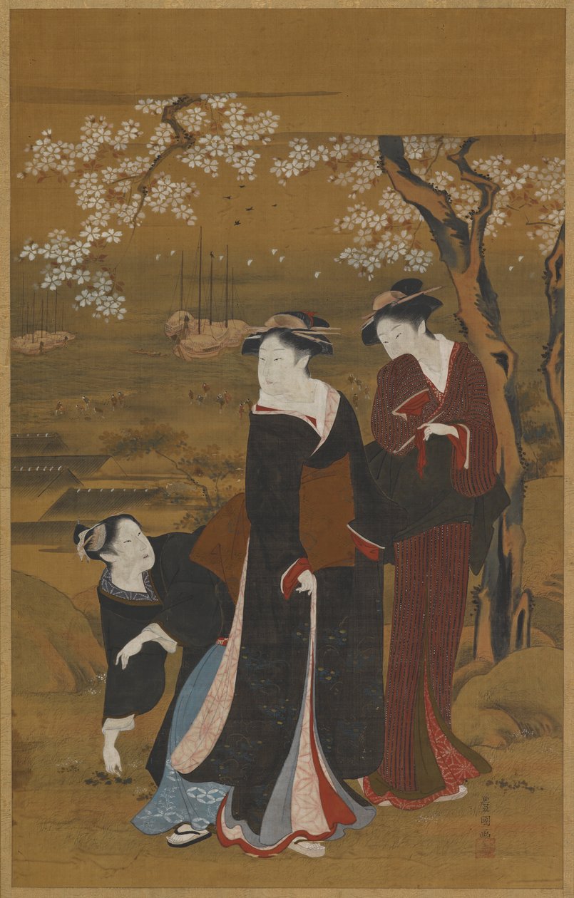 海边开花的樱花树下的三个女人，1769-1825。 作者 歌川丰国一世
