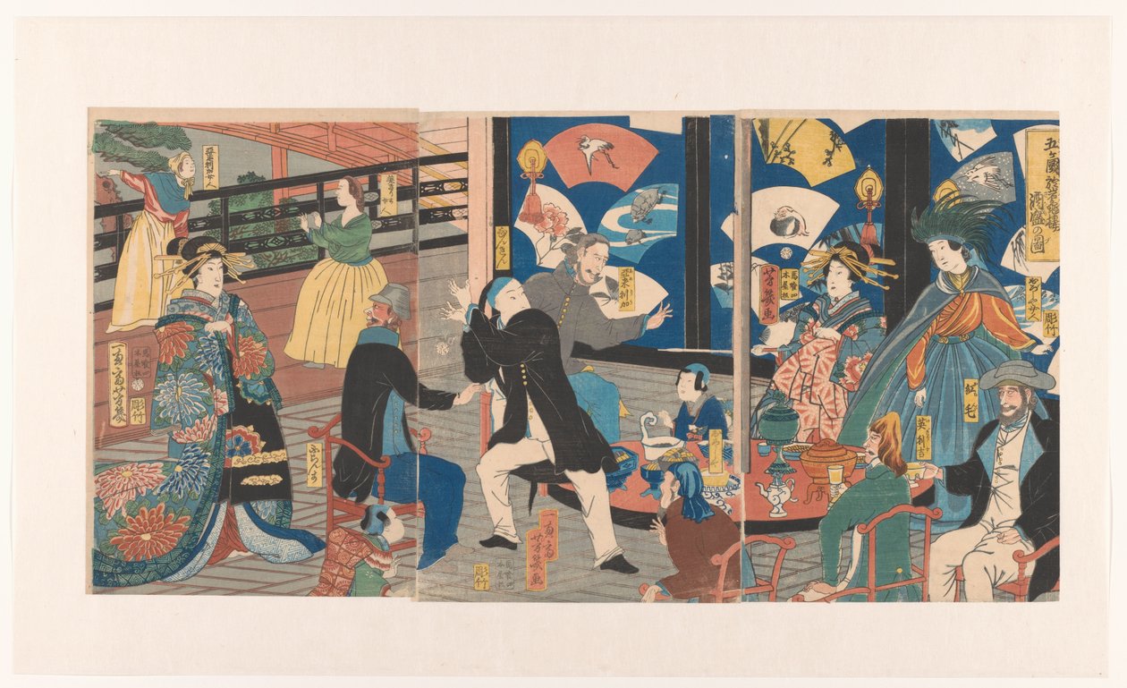 在 Gankiro 茶馆饮酒作乐的外国人
Gokakoku Gankiro ni oite sakamori no zu（物品上的标题）
来自五国的外国人在 Gankiro 茶馆饮酒作乐 作者 歌川芳育