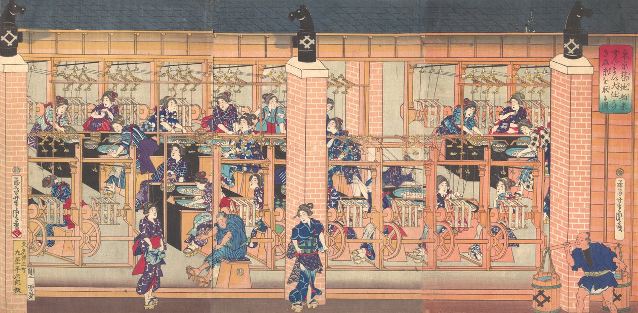 1872年4月，东京筑地的进口缫丝机。 作者 歌川佳tora