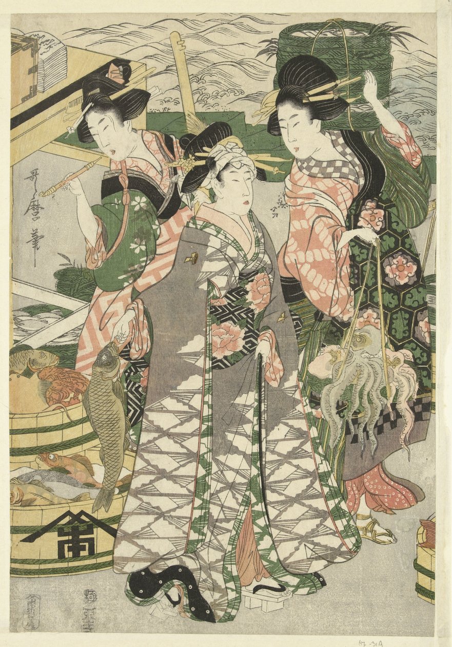 芝海滩上的鱼市景观 [芝] no ura uoichi no zu 作者 歌摩 (II) , 北川