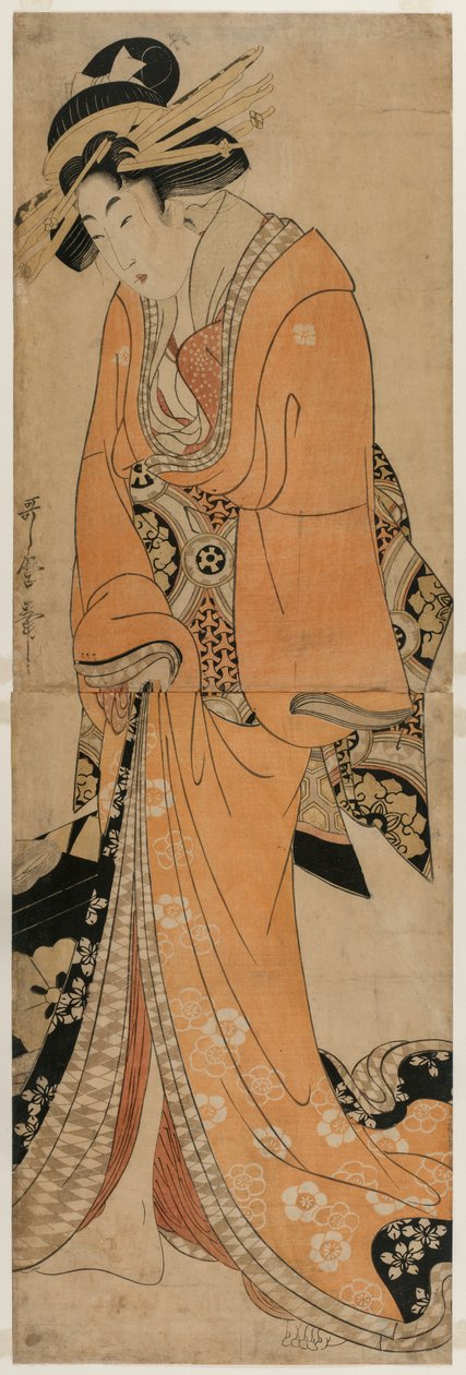 站在三味线箱子旁边的艺伎，约1810年。 作者 歌舞二代