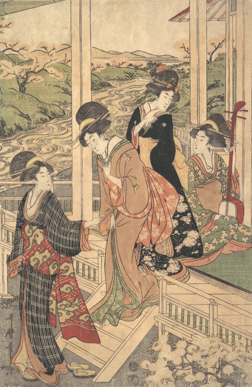 樱花盛开的时候，一群妇女在乡间别墅的英瓦上，......，约1806年。 作者 歌舞二代