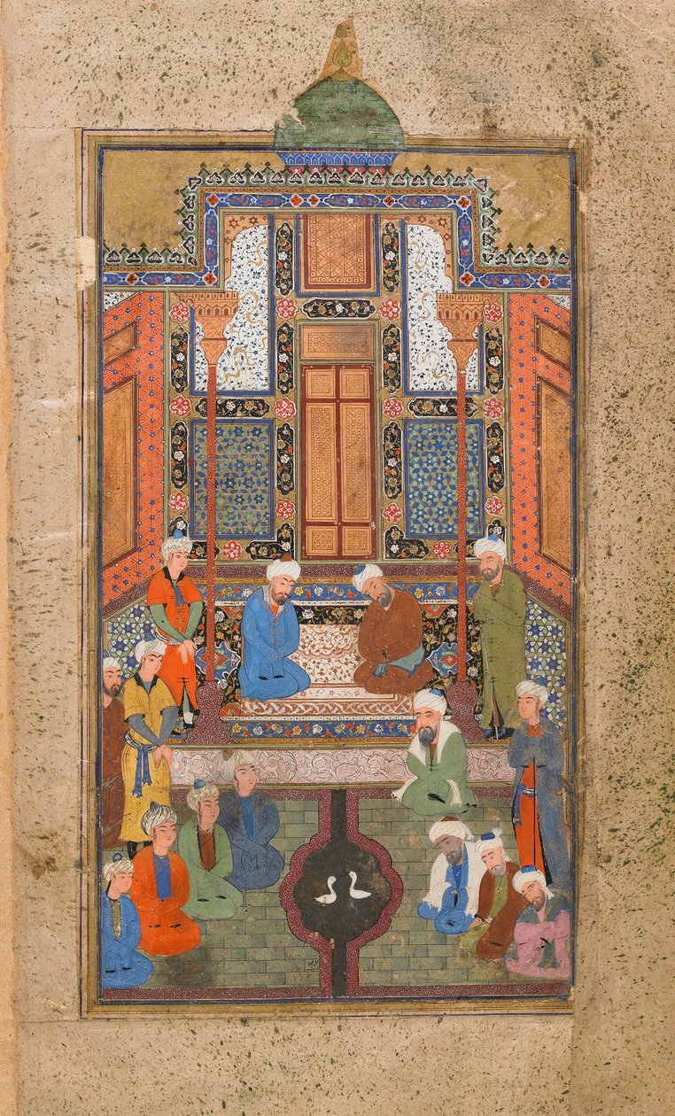 宫廷场景在Tuhfat al-Ahrar（免费礼物）布哈拉，乌兹别克斯坦，乌兹别克斯坦时期，1540年（不透明的水彩，墨水和纸上的金） 作者 乌兹别克学校
