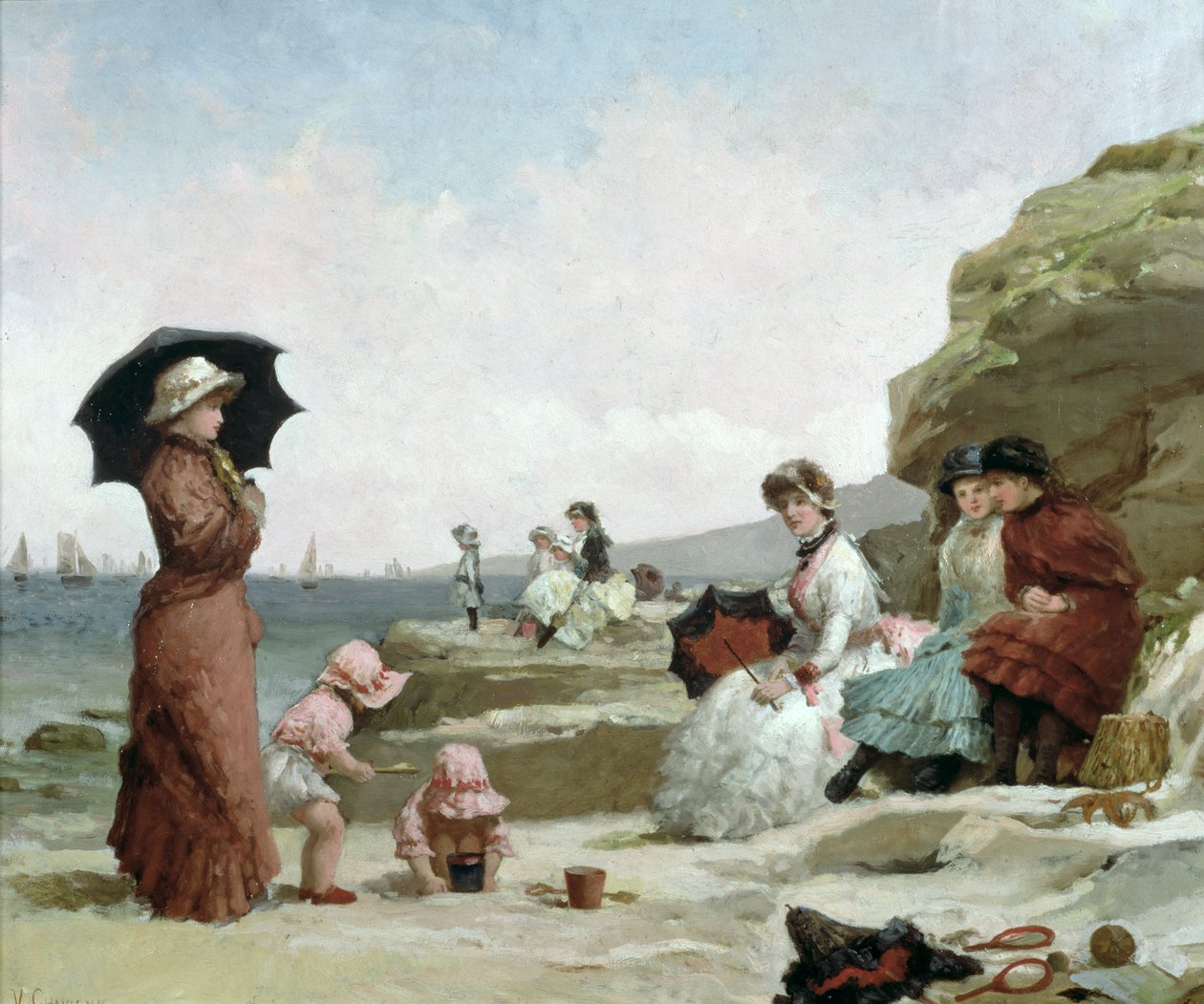 海景，海滩上的数字，c.1870 作者 V·查维尼