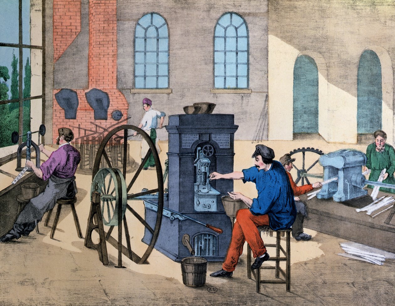 在工业和工作的教学书中，工人在Monnaie de Paris，9号板上挣钱，发表于1860年 作者 五·詹森