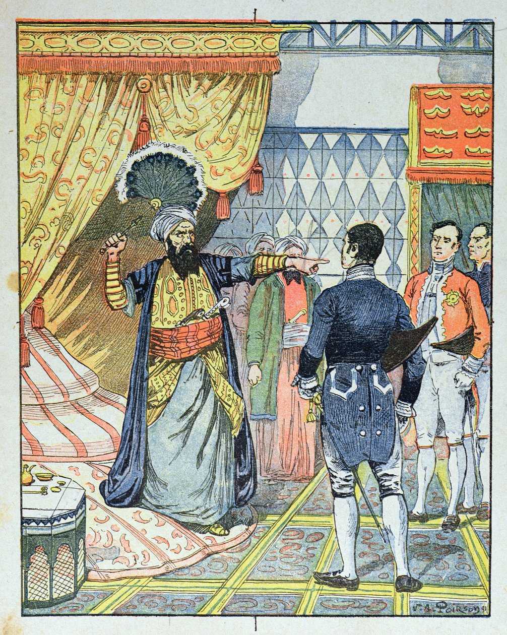 1827年4月27日，阿尔及尔的戴伊，侯赛因·伊本·侯赛因与一位粉丝一起袭击了法国大使M. Deval，一本学校教科书的封面，1891年 作者 维克多·阿曼·波尔森