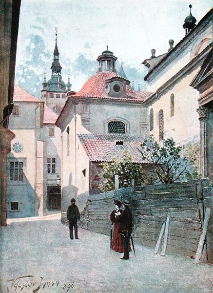 布拉格Jirska Ulice，《布拉格老城》的插图，约1900年（平版）。 作者 瓦茨拉夫·詹萨（Vaclav Jansa）