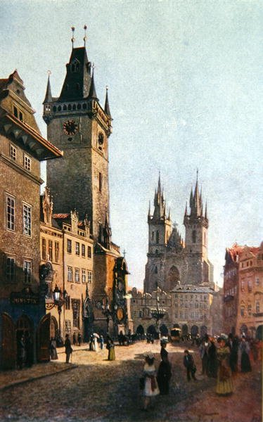 约1900年，从 "布拉格老城"（Stara Praha）看斯塔罗梅斯基-林克（Staromestsky Rynk）和市政厅以及泰恩前的圣母教堂（彩色平印）。 作者 瓦茨拉夫·詹萨（Vaclav Jansa）