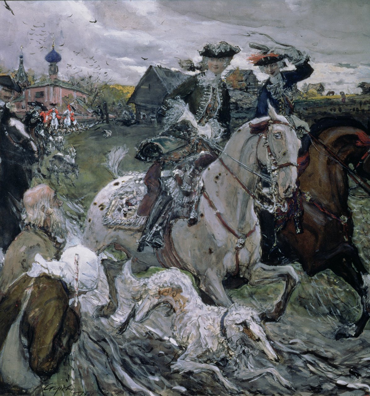 彼得二世（1715-30）和Tsarevna Elizabeth（1709-62）狩猎，1900年（纸上的蛋彩画和水粉画） 作者 瓦伦丁·亚历山德罗维奇·塞罗夫
