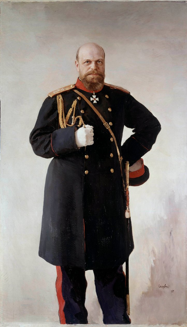 亚历山大三世 (1845-1895) 脚下的肖像，俄罗斯皇帝 Valentin Serov (1865-1911) 1895 年圣彼得堡绘画。 Chateau De Peterhof - 亚历山大三世（1845-1895）的全长肖像，俄罗斯皇帝。 瓦伦丁·谢罗夫 (1865-1911) 的绘画 作者 瓦伦丁·亚历山德罗维奇·塞罗夫