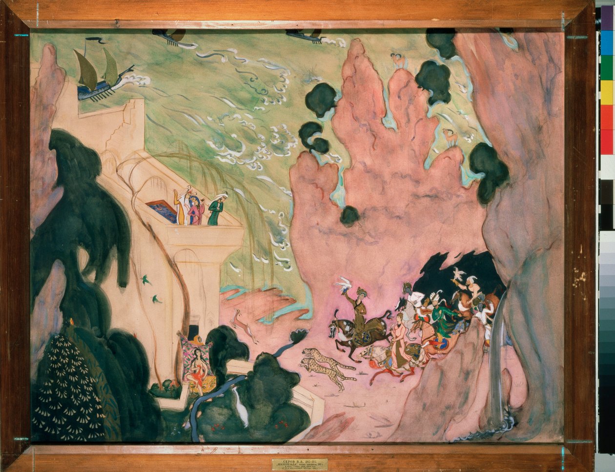 Rideau preparatoire pour le ballet "Sheherazade" (Scheherazade) de Nicolas (Nikolai) Rimsky Korsakov (Rimsky-Korsakov) (1844-1908)。Oeuvre de Valentin Alexandrovich Serov (1865-1911), watercolourelle et gouache sur papier 作者 瓦伦丁·亚历山德罗维奇·塞罗夫