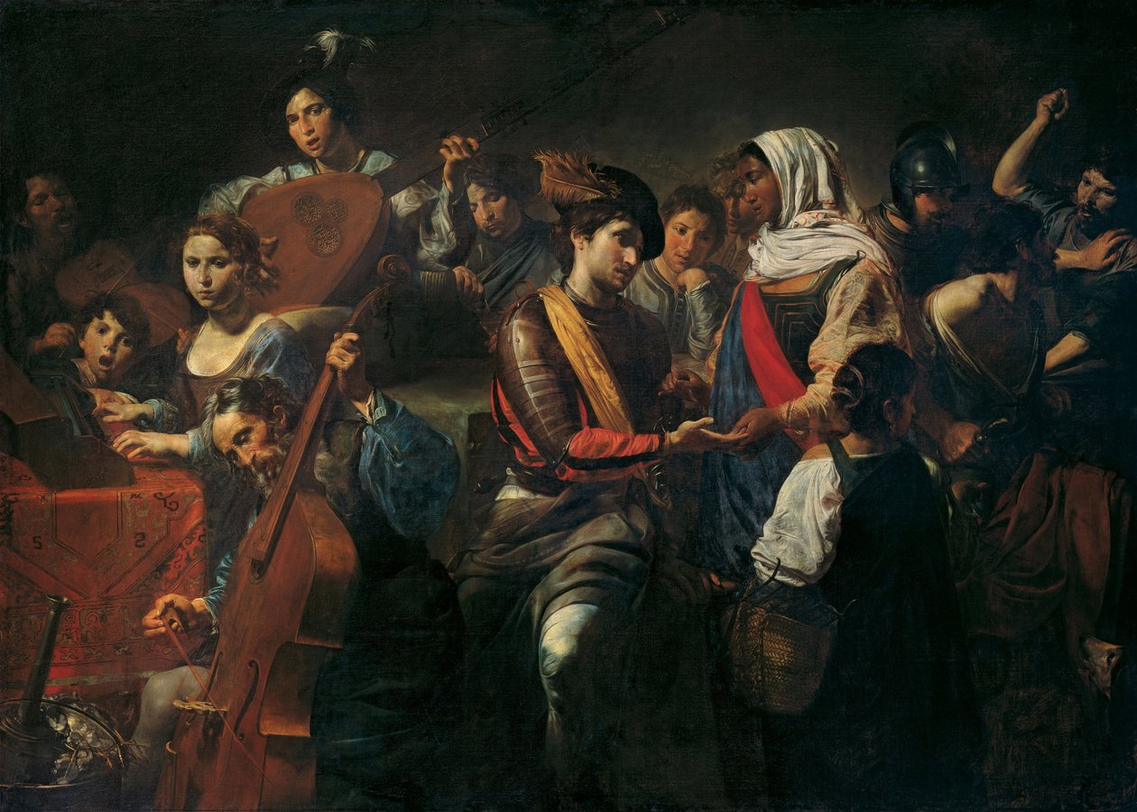 Merry Company With Fortune Teller.(Merry Company With Fortune Teller）。酒馆里的场景，音乐家（小提琴、大提琴、键盘和琵琶）、准备饮酒的迷人男子、算命先生。 作者 瓦伦丁·德·布洛涅