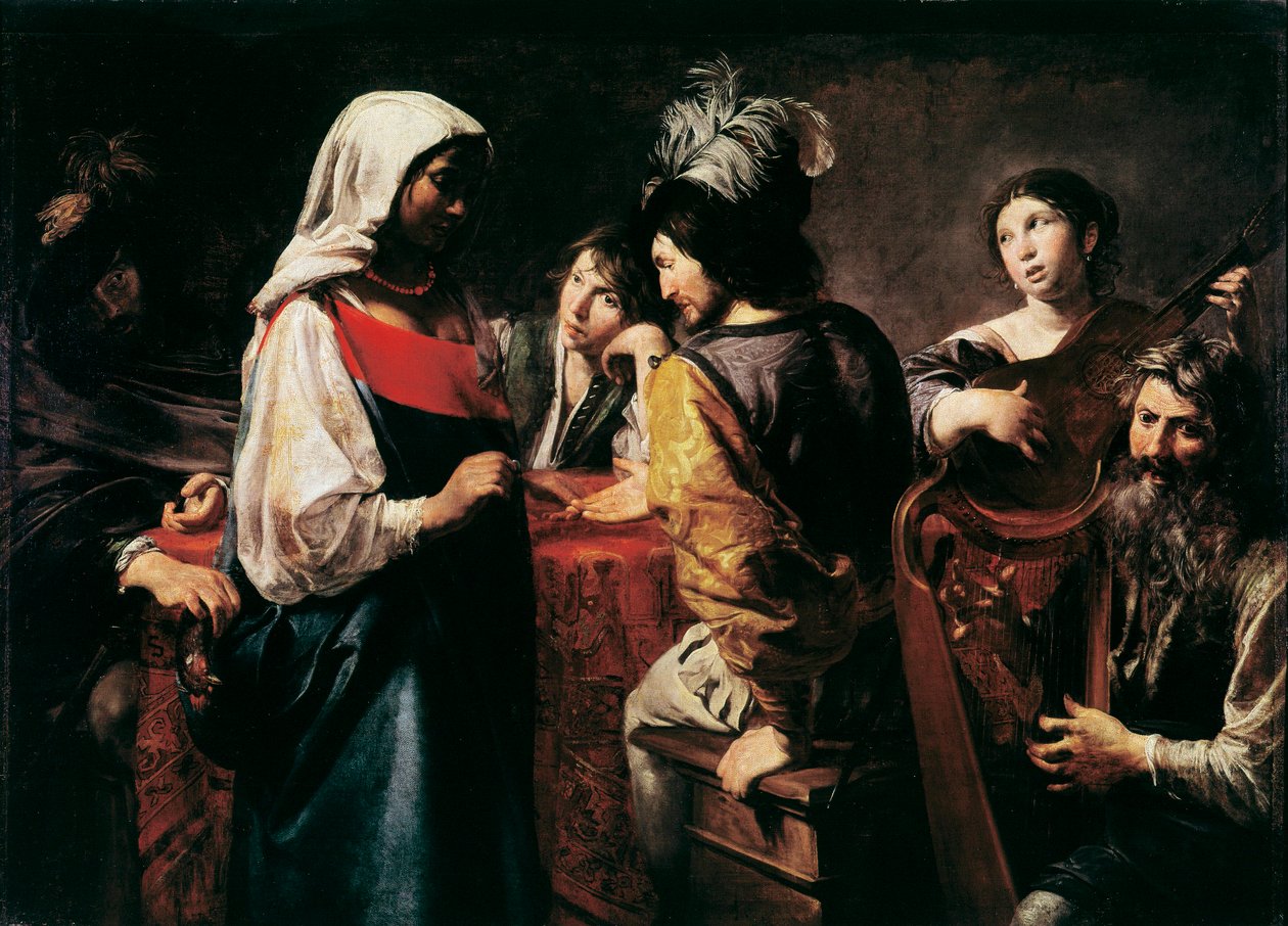 算命先生 让·瓦伦丁·德·布洛涅 (Jean Valentin de Boulogne) 的画作 (1594-1632) 尺寸 125 x 175 cm 巴黎，卢浮宫博物馆 作者 瓦伦丁·德·布洛涅