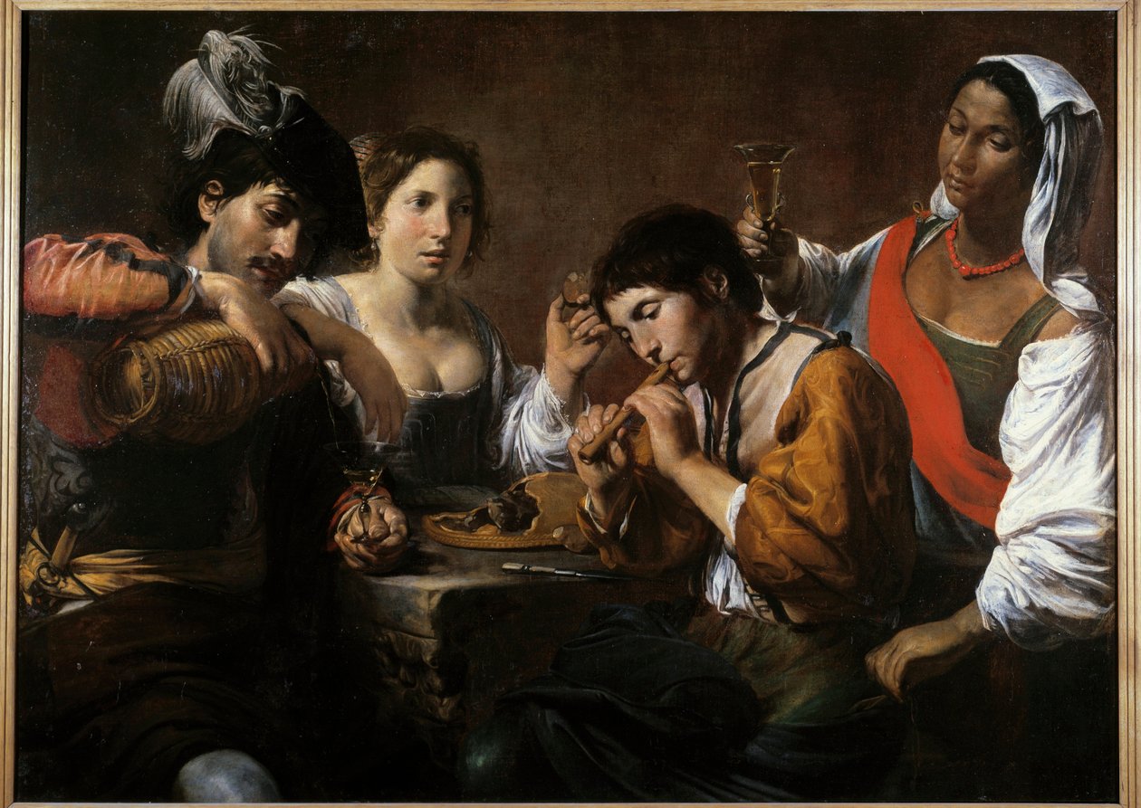 Valentin de Boulogne (1591-1632) 17 世纪的绘画在歌舞表演中相遇。 0,96x1,33 m 作者 瓦伦丁·德·布洛涅