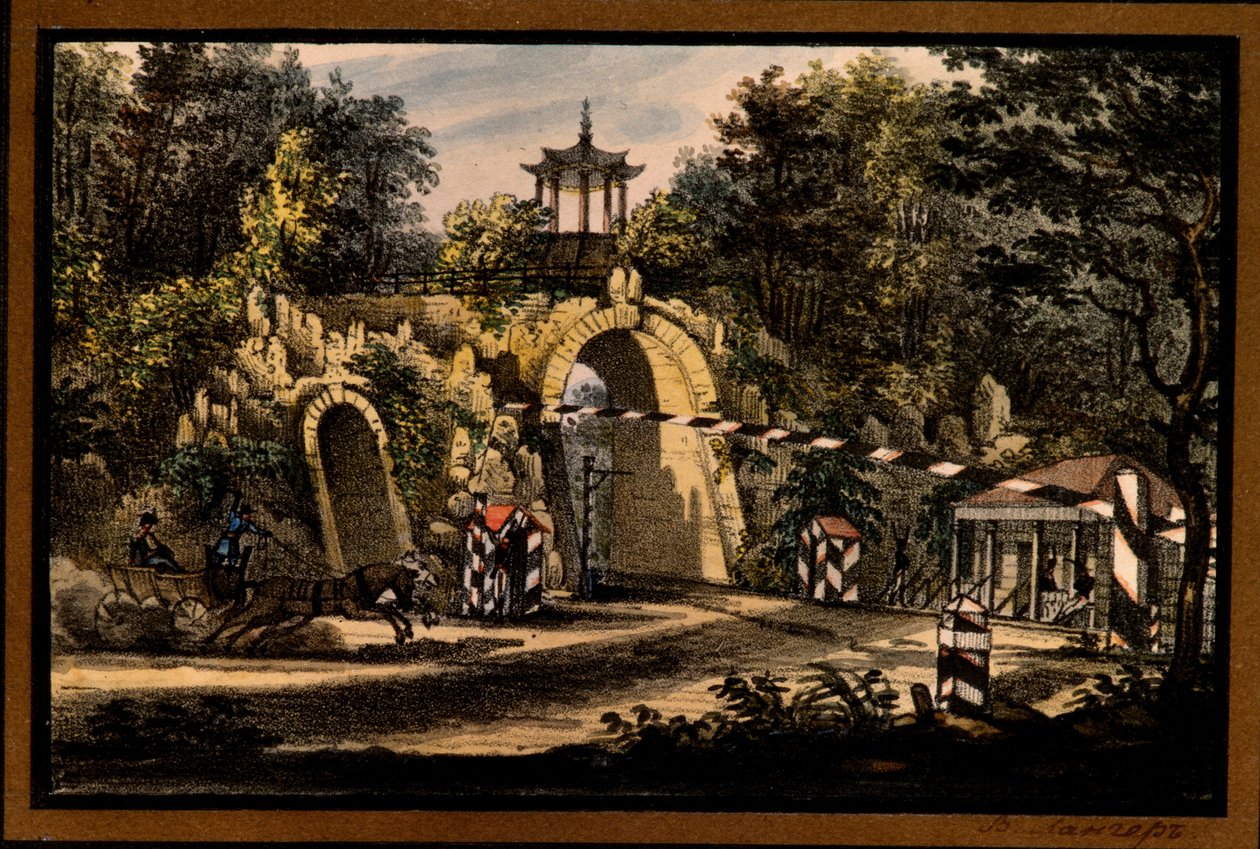 圣彼得堡察尔斯科耶塞洛国家露天博物馆，约 1820 年，瓦列里安-普拉托诺维奇-朗格（1799-1870 年）创作的 "察尔斯科耶塞洛凯瑟琳公园中的大卡普利斯亭"，石版画，水彩画 Â 作者 瓦莱里安·普拉托诺维奇·兰格