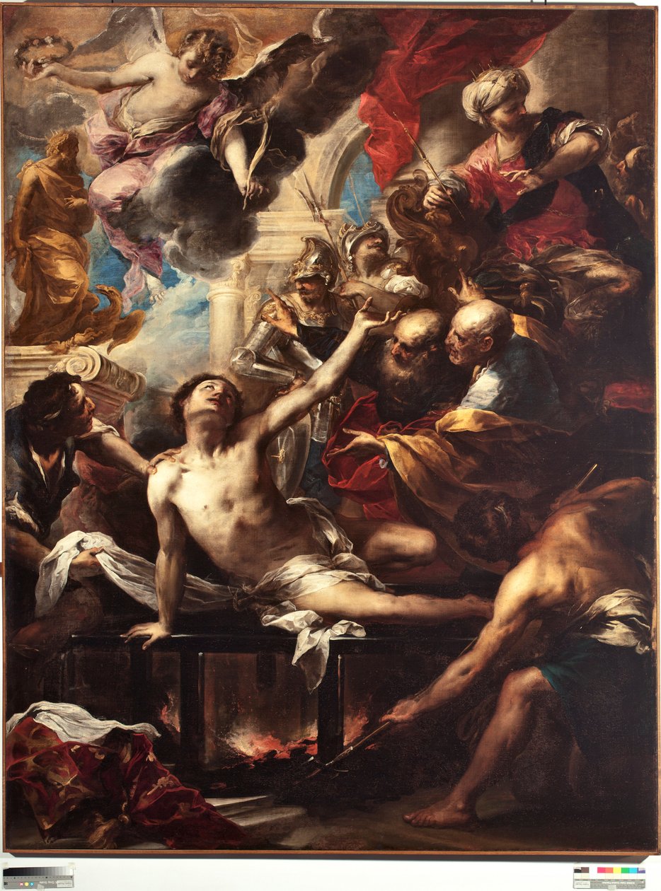 圣劳伦斯在烤架上的殉难 瓦莱里奥·卡斯特罗 (1624-1659) 作画，暗 236 x 182 厘米 Genes，Musei di Strada Nuova（原名 Palazzo Bianco） 作者 瓦莱里奥·卡斯特洛（Valerio Castello）