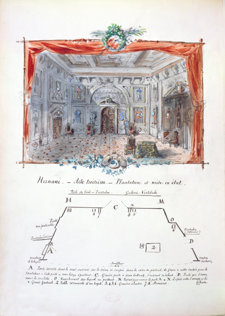 为维克多·雨果（1802-85），1879年制作的Hernani 1877年制作设计和舞台指导（墨水和水粉） 作者 Valnay Pere et fils