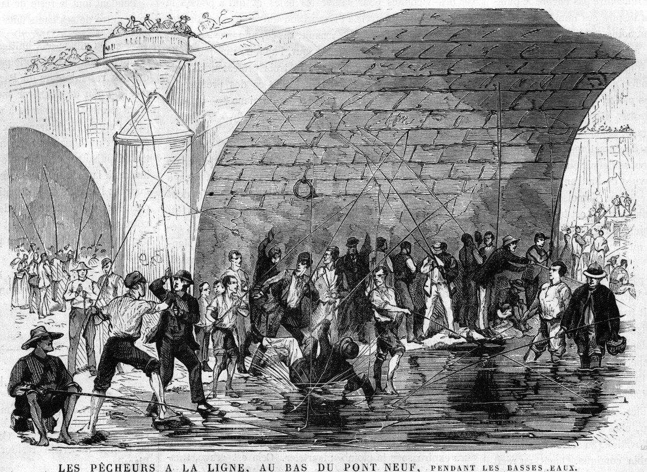 渔夫在1868年巴黎的九号桥底放线，当时正值退水期，由Desroches - Valnay绘制。 作者 Valnay Pere et fils