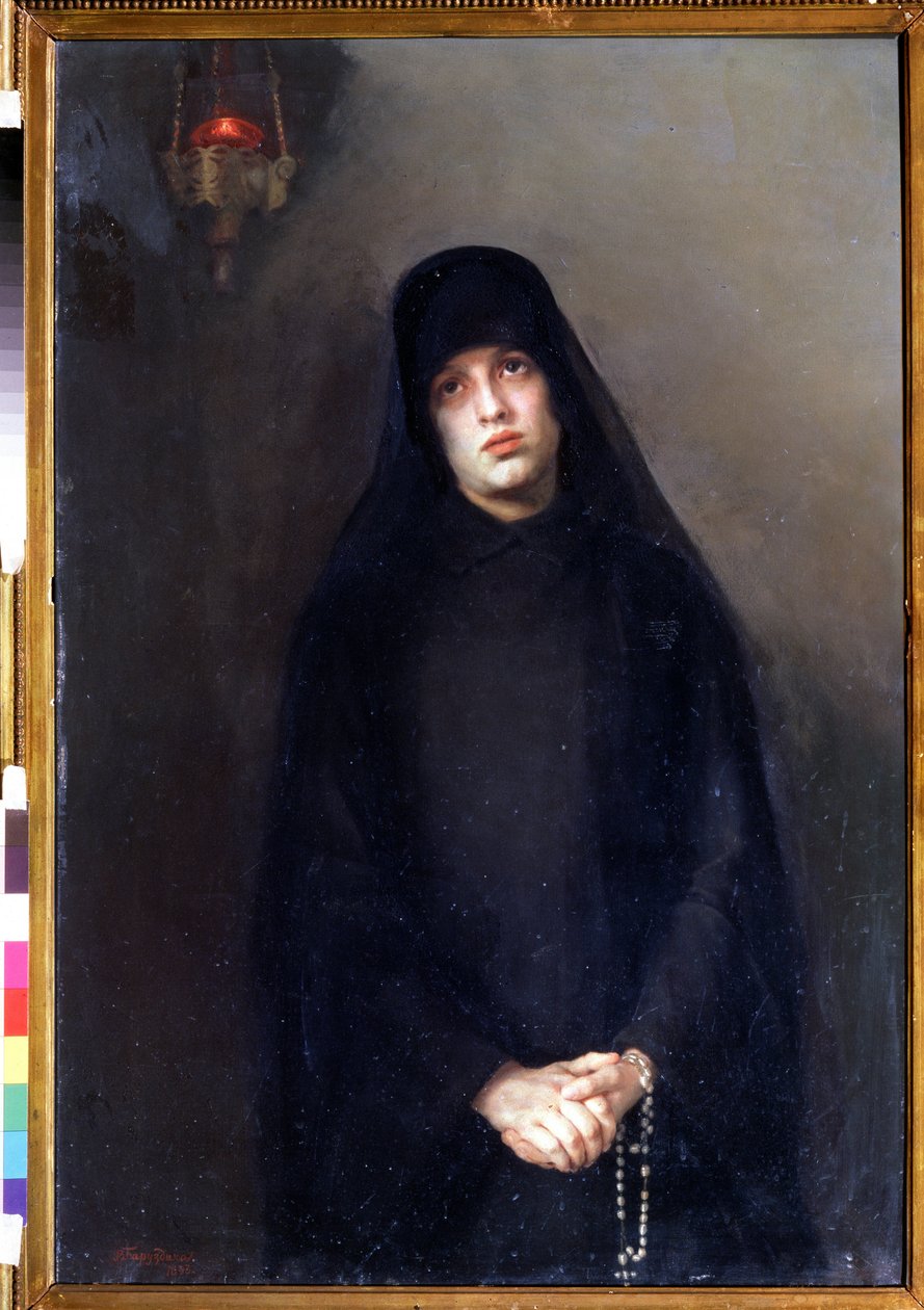 一位修女（A nun）。瓦尔瓦拉-马特维耶夫娜-巴鲁兹迪娜（1862-1941 年）的画作。布面油画 作者 瓦尔瓦拉·巴鲁兹迪娜