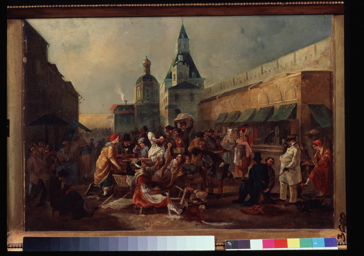 Stand de rafraichissement pres du mur chinois a Moscou（莫斯科中国墙附近的茶点摊）。瓦西里-叶戈罗维奇-阿斯特拉霍夫（Vasili Yegorovich Astrakhov，1867 年-1867 年前）的画作。纸上水彩，43 x 57.5 厘米 作者 瓦西里·埃戈罗维奇·阿斯特拉霍夫