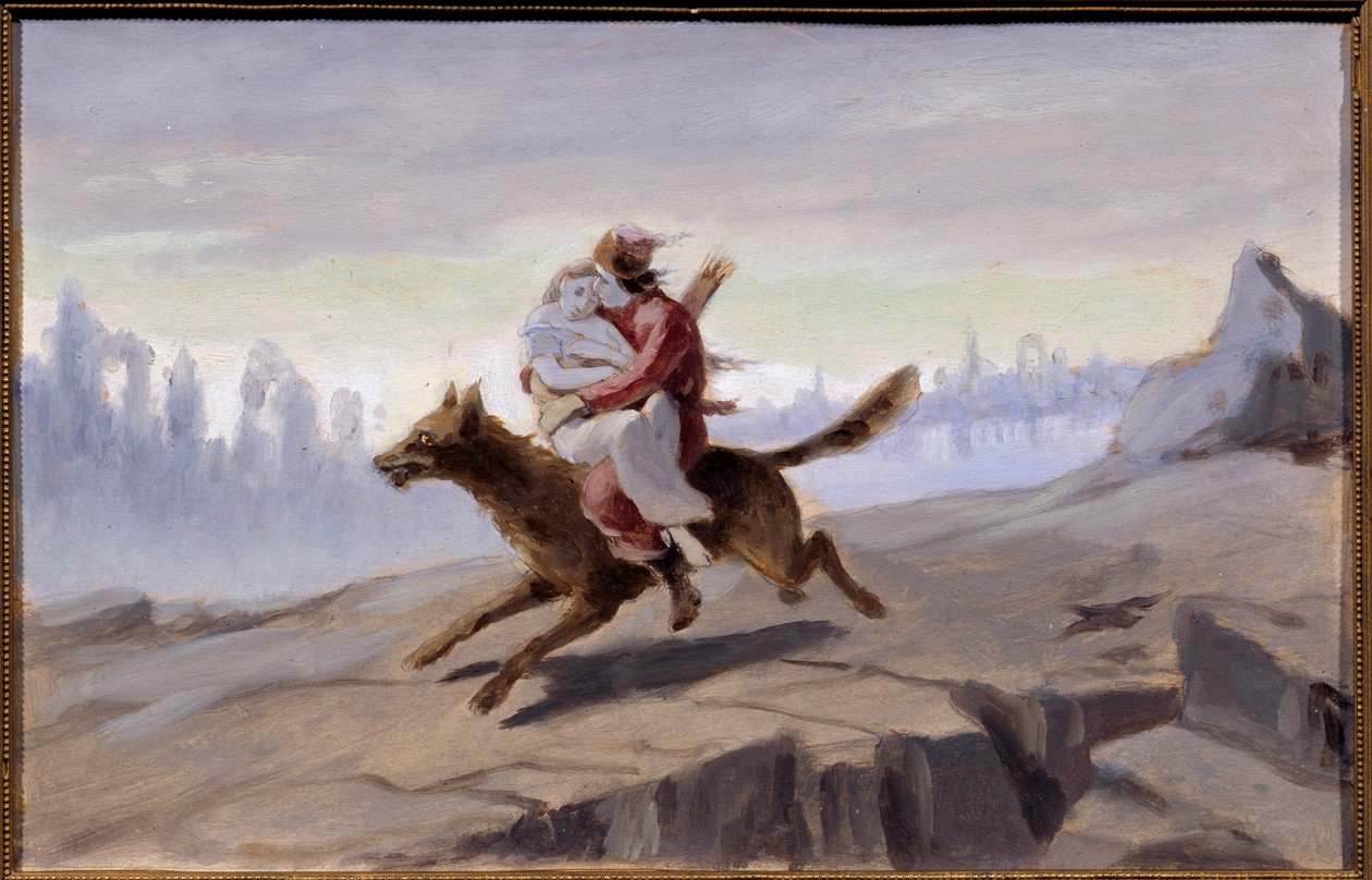 Ivan tsarevich chevauchant le loup gris (Conte traditionnel russe) - Ivan Tsarevich riding the Gray Wolf -euvre de Vasili (Vassili) Grigoryevich Perov (1834-1882), huile sur papier, fin 1870-debut 1880 - Art russe 作者 瓦西里·格里戈列维奇·佩罗夫（Vasili Grigorevich Perov）