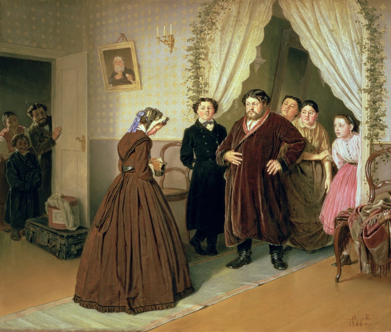 1866年，Governess抵达商人之家 作者 瓦西里·格里戈列维奇·佩罗夫（Vasili Grigorevich Perov）