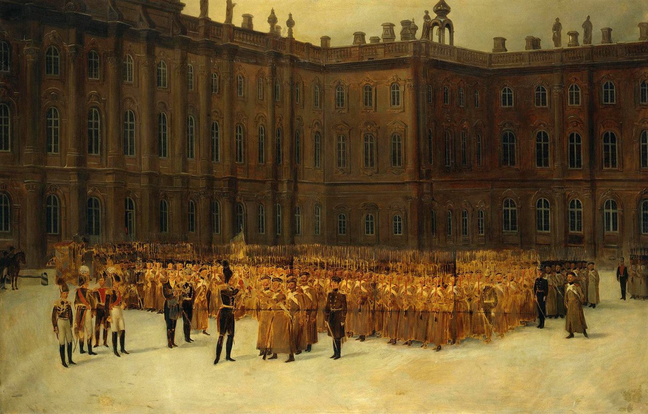 Insurrection decembriste ou Insurrection decabriste (1825) - Nicholas I before the Unit Formation of the Life-Guards Field Engineer Battalion in the Court of the Winter Palace on 14 Decmbe par Maxutov, Vasili Nikolayevich (1826-1886).布面油画，尺寸 作者 瓦西里·尼古拉耶维奇·马图托夫